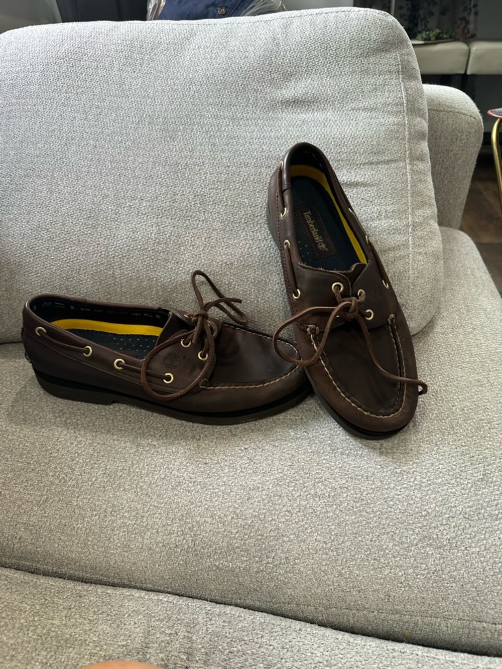 Timberland Dark Brown Leather Boat Shoes with Yellow Insoles